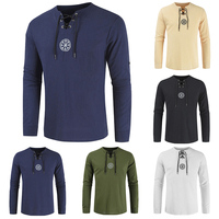 Mężczyźni koszula Plus Size Top starożytnych Viking haft Lace Up V Neck z długim rękawem koszula Top dla mężczyzn odzież 2